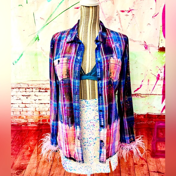 REWORKED VINTAGE FLANNEL DISTRESSED HAND PAINTED  w OSTRICH FEATHER CUFFS - Picture 2 of 7